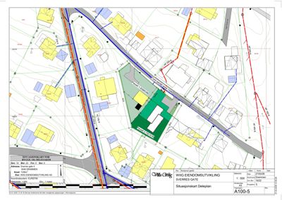 Situasjonskart som viser tomtens plassering i forhold til nabolag, veier og topografi.