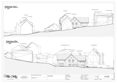 Fasadetegning som viser bygningens utseende sett fra utsiden, med to perspektiver (Nabolag Vest og Nabolag Øst).
