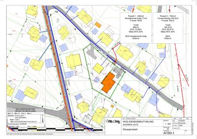 Situasjonskart som viser tomtens plassering, grenser, naboeiendommer og bygningers plassering i forhold til veier og andre eiendommer.
