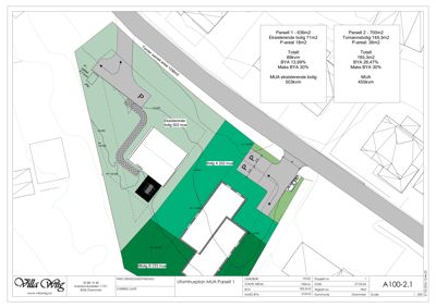 Situasjonsplan som viser tomtens form, bygningers plassering (Bolig A og B), parkeringsplasser, og arealoppdelinger for parsellene.