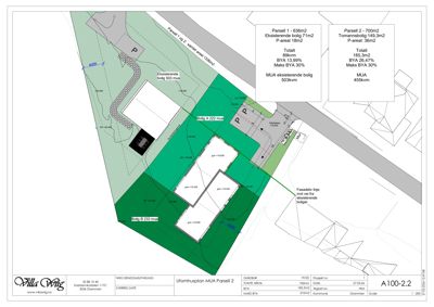 Situasjonsplan som viser tomtens form, bygningens plassering (Bolig A 222 m² og Bolig B 233 m²), eksisterende bolig, parkeringsplasser, og fasadevinkel. Den inneholder også tekniske data om areal og BYA.