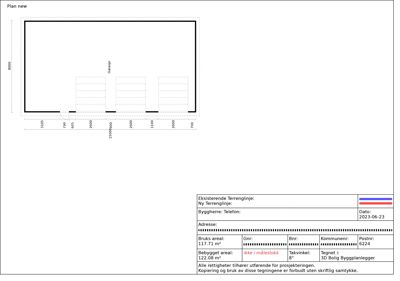 Situasjonsplan som viser ny terrenglinje, eksisterende terrenglinje, bebyggelse (hus) og detaljerte mål på tomten og plassering av huset.