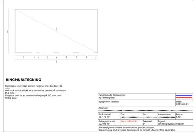 En tegning som viser en ringmur med spesifikke mål og konstruksjonsdetaljer, inkludert tekstbeskrivelse av materialer og høyder.