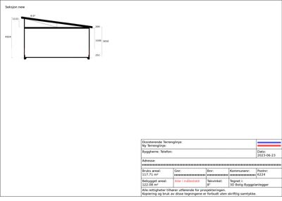 En snittegning (tittet på som 'Seksjon new') som viser tverrsnittet av en bygning med angitte mål på høyder og takhelling.