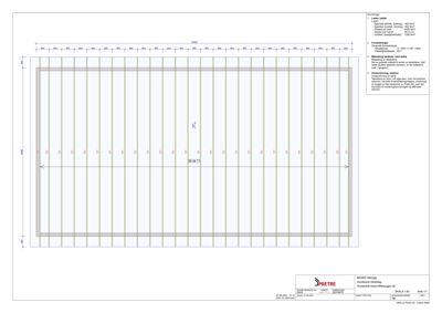 Tegning som viser detaljert konstruksjon av et gulv med dimensjoner, laster og forankringsdetaljer.