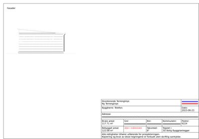 Fasadetegning som viser en side av en bygning med horisontale paneler og et skrått tak.