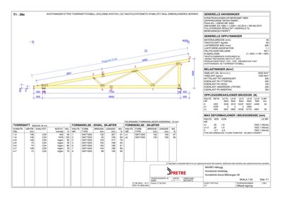Tegning som viser detaljert beregning og dimensjonering av en avstivning (T1-26x) i en bygning, inkludert laster, knutepunkter og forankring.