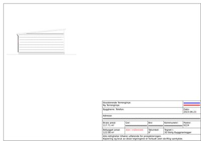 Fasadetegning som viser bygningens utseende fra siden, inkludert takform og vindusoppsett.