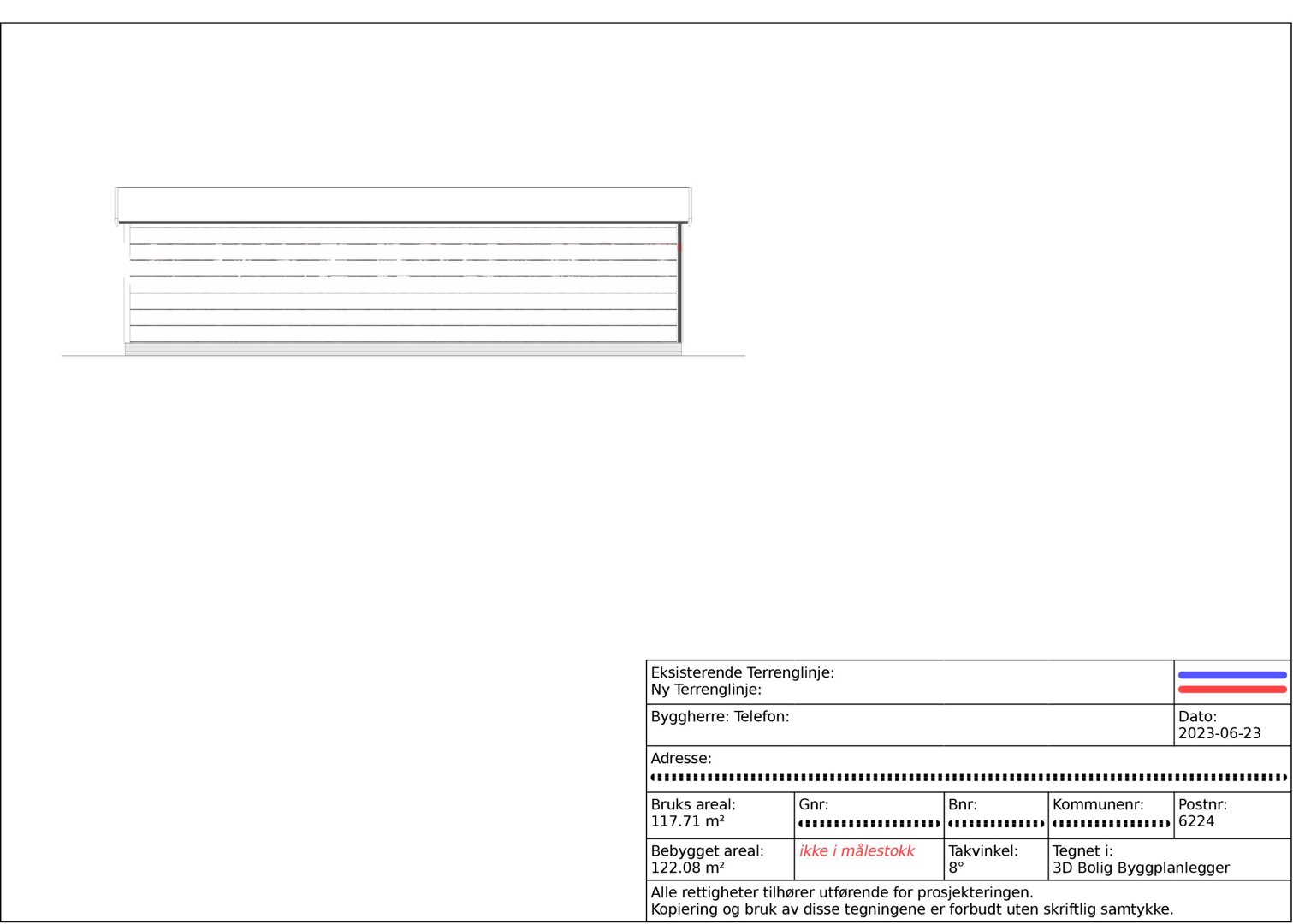 Fasadetegning som viser en sideopprikk av en bygning med en gulvplate og et tak. Tegningen inneholder også en detaljert informasjonstabell nederst.