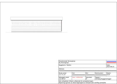 Fasadetegning som viser en sideopprikk av en bygning med en gulvplate og et tak. Tegningen inneholder også en detaljert informasjonstabell nederst.