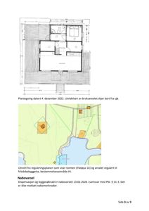 Bildet viser en situasjonsplan (tomtekart) med bygningsplassering, reguleringer og nabovarsel.