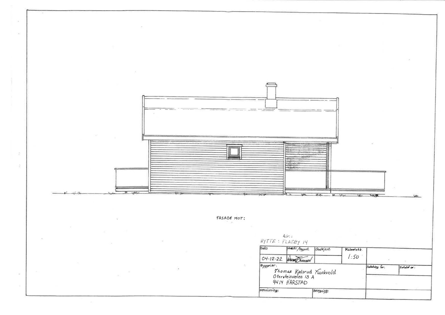 Fasadetegning (opprikk) av en bygning sett fra siden.