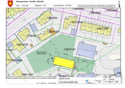 Situasjonsplan som viser eiendomsnummer, nabolag, bygninger og arealoppdelinger for Eystein Skole.
