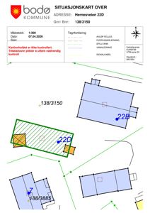 Situasjonskart som viser tomtens grenser, nabotomter, eksisterende og planlagte bygninger, samt infrastruktur som vann- og avløpsledninger.