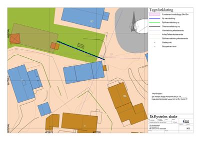 Situasjonsplan som viser plassering av nye vann- og avløpsledninger i forhold til eksisterende bygninger og infrastruktur på St. Eysteins skole.