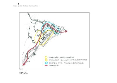 Kart over Eidsdal som viser soner (f.eks. boligområder, hovedveg) og er en del av kommuneplanen.