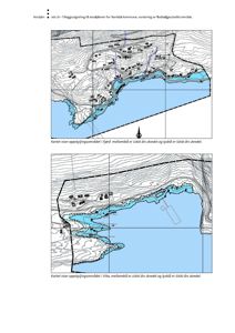 Kart som viser oppskylningsområder i Fjær og Vika med skredrisikokartlegging (1000 og 5000 års skred).