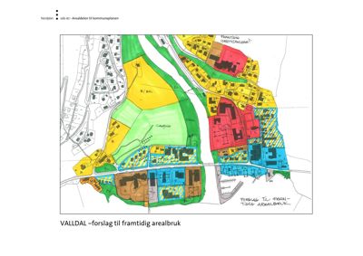 Kart som viser et forslag til framtidig arealbruk i Valldal med fargemerkede soner.
