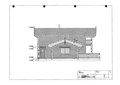 Fasadetegning som viser bygningens front med vinduer, dører, takform og høydeangivelser.