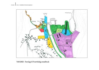Kart som viser et forslag til framtidig arealbruk i TAFJORD, med fargelagte soner og vegnett.