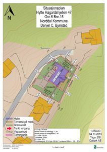 Situasjonsplan for tomt ved Hytte Hagardshjellen 47 med angivelse av bygningers plassering, arealer, avstander og snitt.