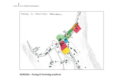Situasjonsplan som viser et forslag til framtidig arealbruk i Norddalen, med fargelagte soner og bygningsplassering.