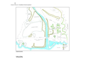 Kart over Valldal som viser grøntstruktur, vannløp og arealdeling.