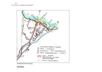 Situasjonsplan som viser arealdelen til kommuneplanen for Eidsdal. Planen illustrerer landskapstrekk, akser, vegnett, bebyggelse og topografi.