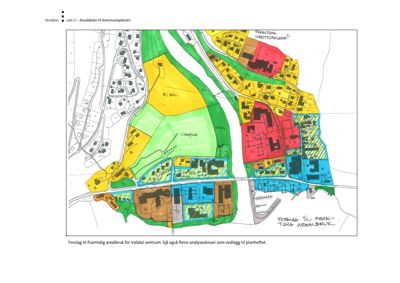 Situasjonsplan som viser arealdelen til kommuneplanen for Valdals sentrum, med fargekodet forslag til framtidig arealbruk.