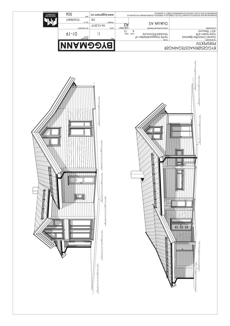 Perspektivtegning (rendering) av en husfasade med skrått tak og vinduer.