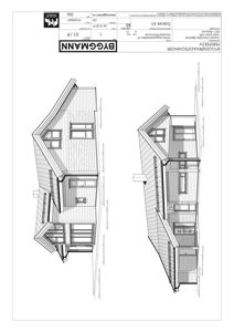 Perspektivtegning (rendering) av en husfasade med skrått tak og vinduer.