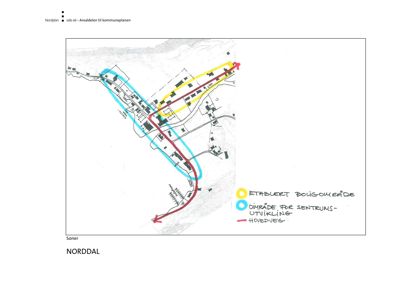 Kommuneplan for Norddal som viser soner for boligutvikling og hovedveier.