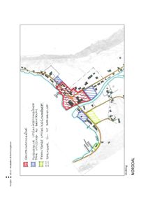 Situasjonsplan som viser Norddals kommunesenter med fargemerkede soner for utvikling og bebyggelse.