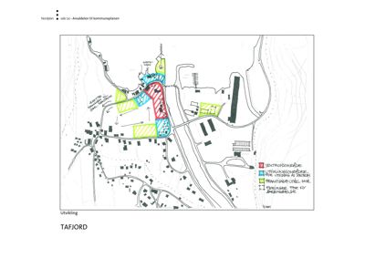 Situasjonsplan (arealdel) som viser tomtens beliggenhet i forhold til nabolag, veier og topografi, med fargekodet arealbruk.