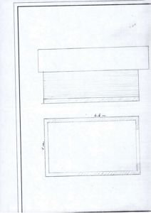 Tegning som viser detaljert oppriss av en konstruksjon, sannsynligvis en takkonstruksjon eller en vegg med innbygd tak. Tegningen inneholder mål (6,6 m og 4,0 m) og skraveringer som indikerer materialer eller skråninger.