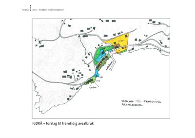 Kart som viser et forslag til framtidig arealbruk i Fjorå, med fargemarkerte soner og bygningsplasseringer.