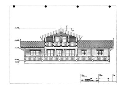 Fasadetegning som viser fronten på en hytte med mål og høydeangivelser.