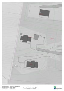 Situasjonsplan som viser tomtens form, konturer, vegforhold og plassering av eksisterende bygninger.