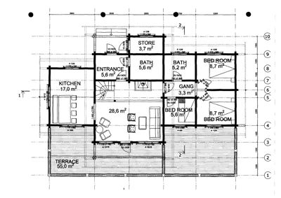 Etasjeplan som viser romfordeling, arealer og plassering av vegg og dører.