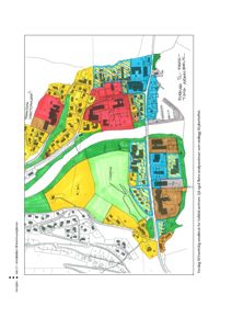 Situasjonsplan som viser arealbruksanalyse for Valdals sentrum med fargemerkede soner.