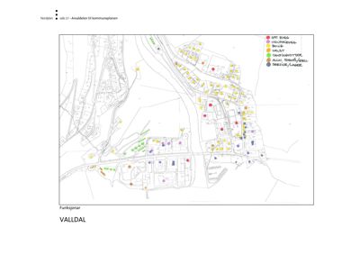 Kart over Valldal som viser arealdelen til kommuneplanen med funksjonsinndeling (f.eks. offentlig bygg, industribygg, bolig) markert med farger.