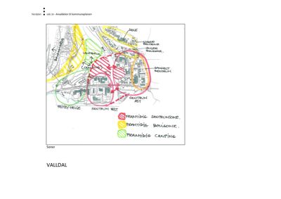 Kart over Valldal som viser planlagte soner (sentrum, boulevar, camping) og eksisterende bygningsmasse.