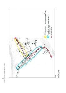 Situasjonsplan som viser etablering av et senterområde i Norddal med angitte områder for utvidelse og hovedveier.