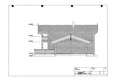 Fasadetegning som viser bygningens utside med oppriss, takform, vinduer, balkong og høydeangivelser.