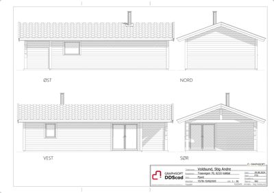 Fasadetegning som viser bygningens utseende fra fire sider: ØST, NORD, VEST og SØR.