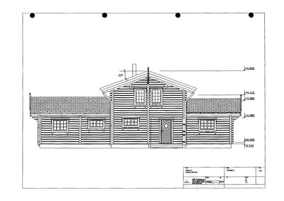 Fasadetegning som viser fronten på en tømmerhytte med mål og detaljer.
