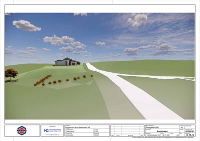 3D-visualisering (perspektivtegning) av en bygning på et terreng med vei og beplantning.