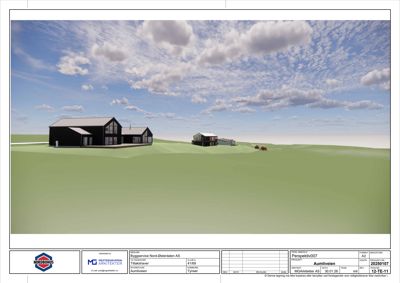 3D-visualisering (rendering) av en bolig på etasjehøyde med omgivende terreng og himmel.
