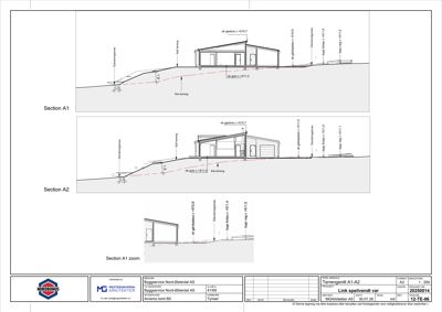 Snittegning (Terrensnitt) som viser bygningens høyde i forhold til terrenget, inkludert takhøyder og grunnplan.