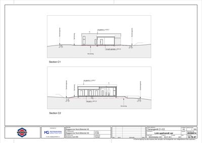 Snittegning (Section C1 og Section C2) som viser bygningens høyde, grunnplan og relasjon til terreng.